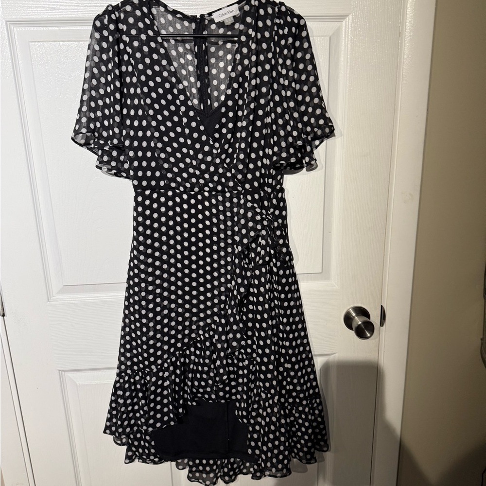 Calvin Klein Black and White Ruffled Wrap Midi Dress